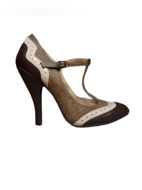 Mojo Moxy T-Strap Two-Tone Brown and Cream High Heel Pump